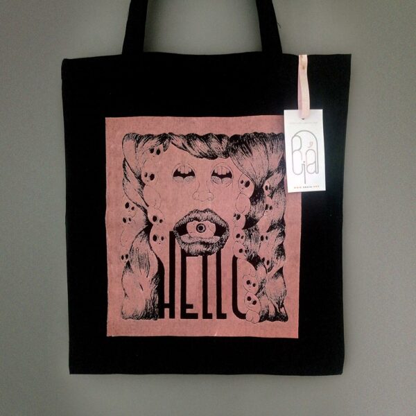 La boutique : Célia RATTO, graphiste multimédia à Annecy. Créations et Sérigraphie textile artisanale - Tote Bag Hello rose