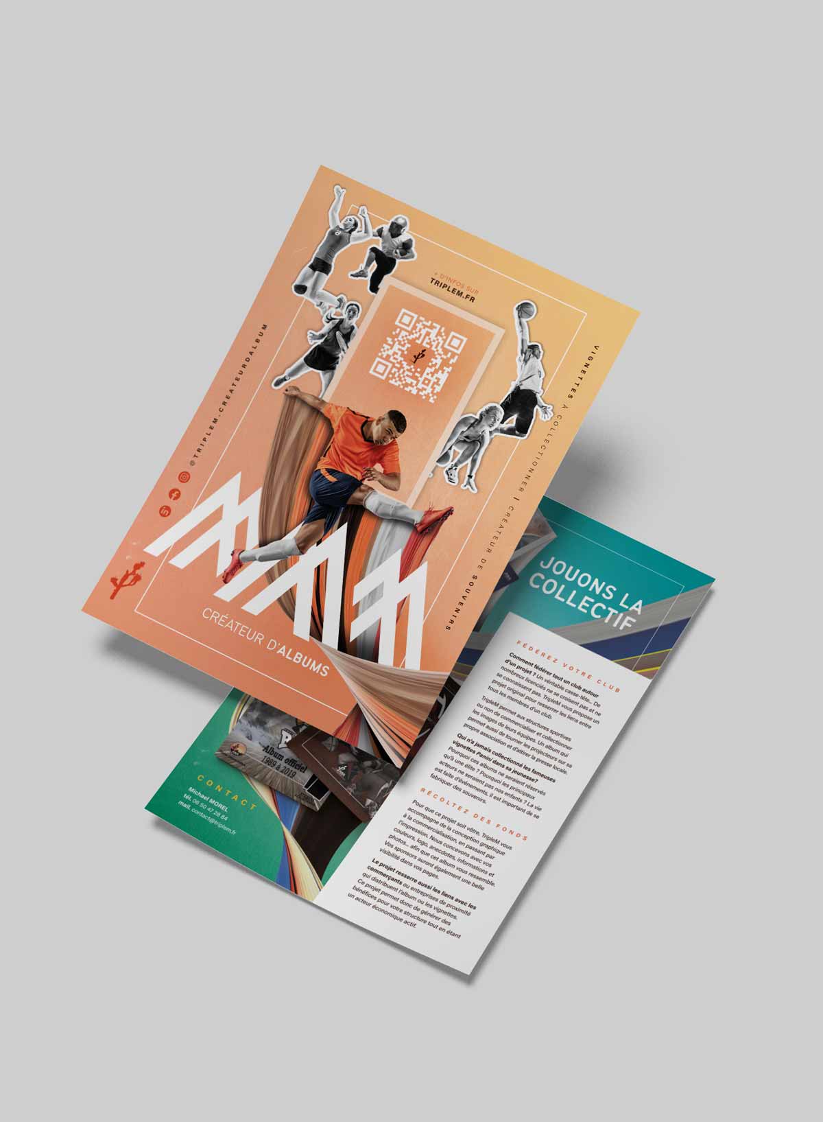 Mise en page d'un flyer pour le créateur d'albums sportifs Triplem